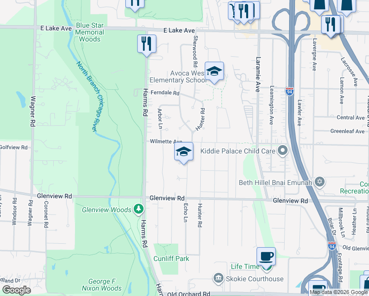 map of restaurants, bars, coffee shops, grocery stores, and more near 936 Echo Lane in Glenview
