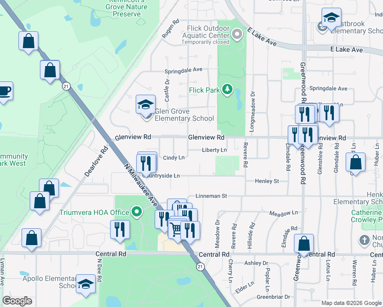 map of restaurants, bars, coffee shops, grocery stores, and more near 3641 Liberty Lane in Glenview