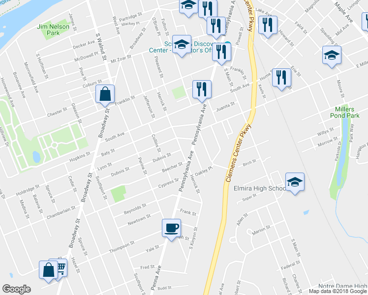 map of restaurants, bars, coffee shops, grocery stores, and more near 673 Herrick Street in Elmira