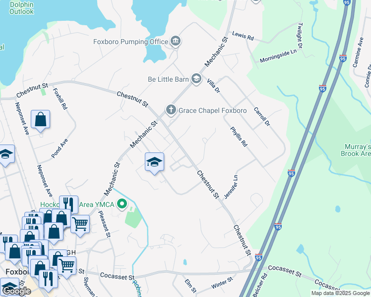 map of restaurants, bars, coffee shops, grocery stores, and more near 136 Chestnut Street in Foxborough