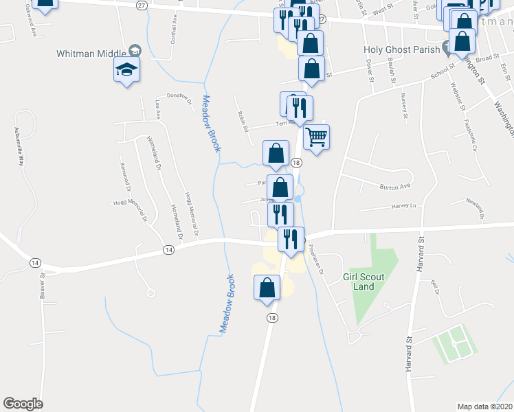 map of restaurants, bars, coffee shops, grocery stores, and more near 62 Joyce Avenue in Whitman