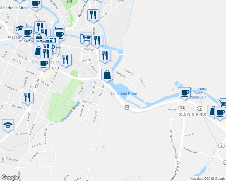 map of restaurants, bars, coffee shops, grocery stores, and more near 94 East Main Street in Southbridge