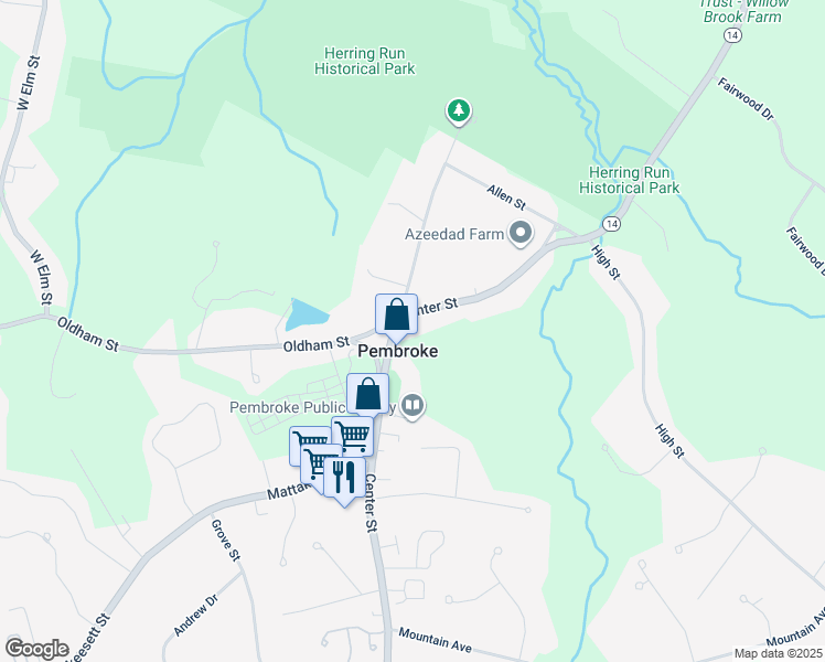 map of restaurants, bars, coffee shops, grocery stores, and more near 100 Center Street in Pembroke