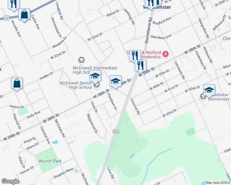map of restaurants, bars, coffee shops, grocery stores, and more near 3808 Caughey Road in Erie