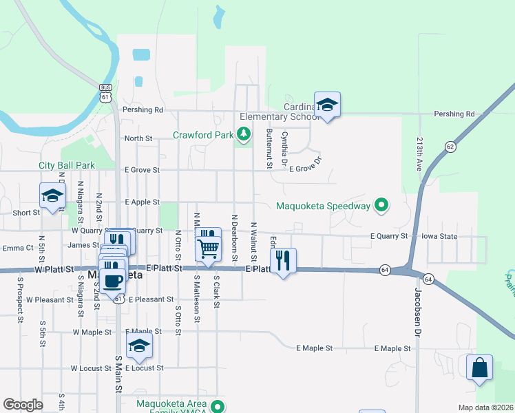 map of restaurants, bars, coffee shops, grocery stores, and more near 213 North Walnut Street in Maquoketa