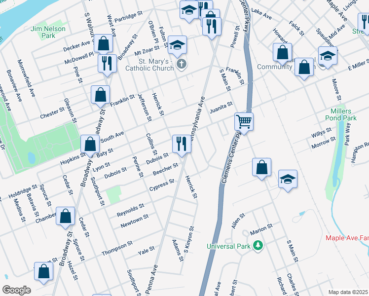 map of restaurants, bars, coffee shops, grocery stores, and more near 640 Pennsylvania Avenue in Elmira
