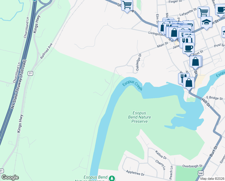 map of restaurants, bars, coffee shops, grocery stores, and more near 37 Oakledge Park in Saugerties