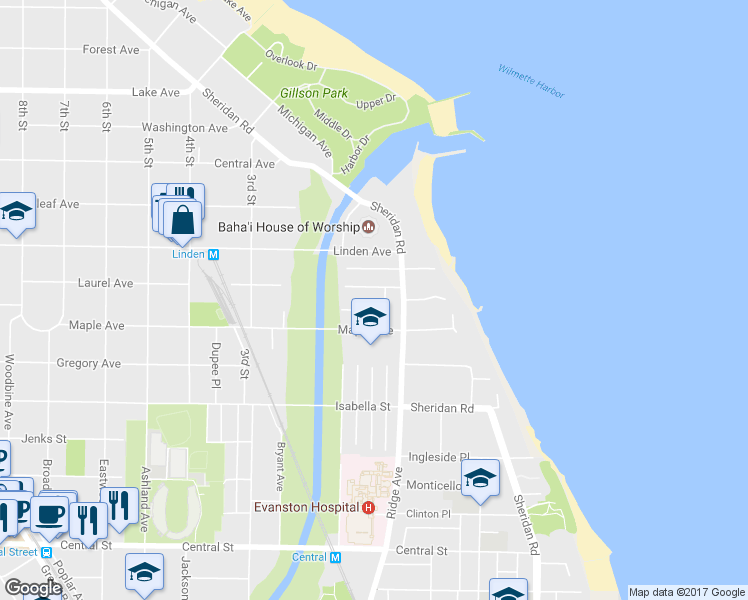 map of restaurants, bars, coffee shops, grocery stores, and more near 125 Laurel Avenue in Wilmette