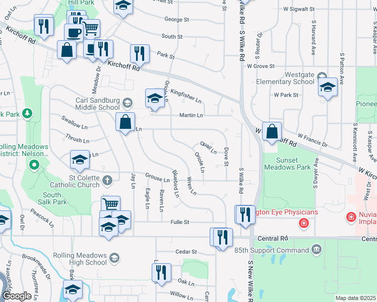 map of restaurants, bars, coffee shops, grocery stores, and more near 3705 Oriole Lane in Rolling Meadows