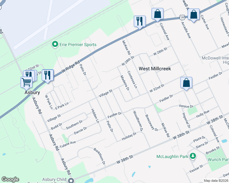map of restaurants, bars, coffee shops, grocery stores, and more near 3005 Rustic Ln in Erie