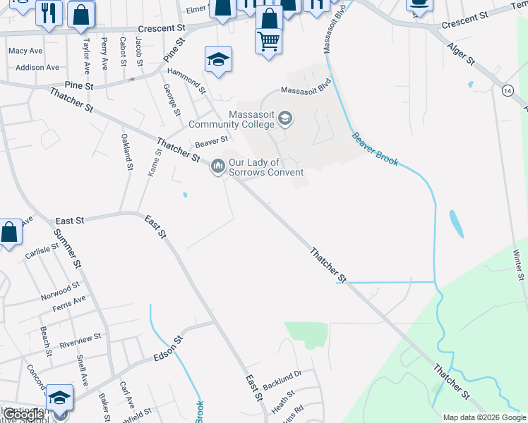 map of restaurants, bars, coffee shops, grocery stores, and more near 325 Thatcher Street in Brockton