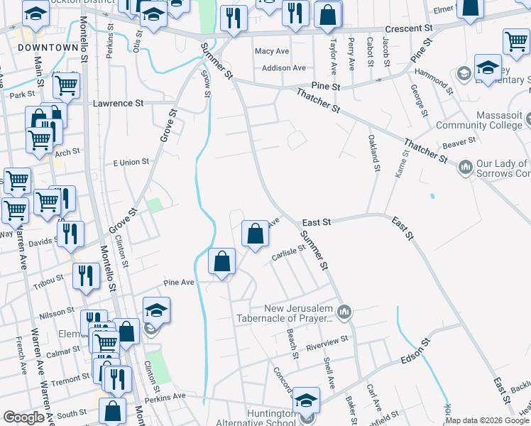 map of restaurants, bars, coffee shops, grocery stores, and more near 251 Summer Street in Brockton