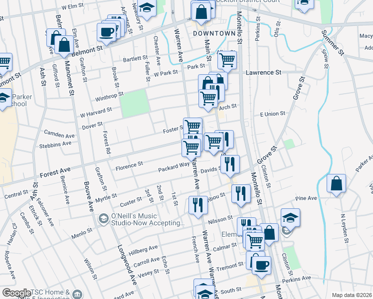 map of restaurants, bars, coffee shops, grocery stores, and more near 38 Track Street in Brockton
