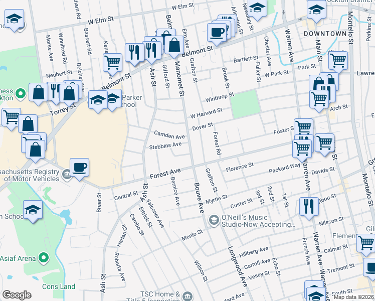map of restaurants, bars, coffee shops, grocery stores, and more near 173 Manomet Street in Brockton