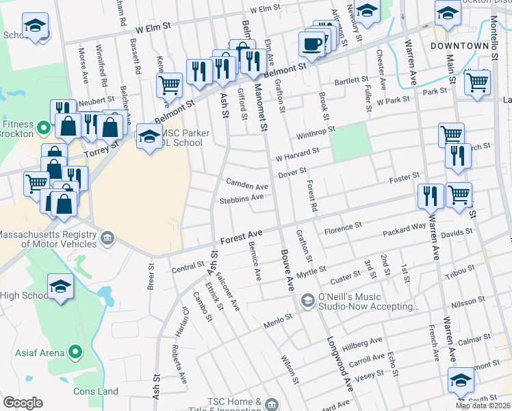 map of restaurants, bars, coffee shops, grocery stores, and more near 40 Anania Terrace in Brockton