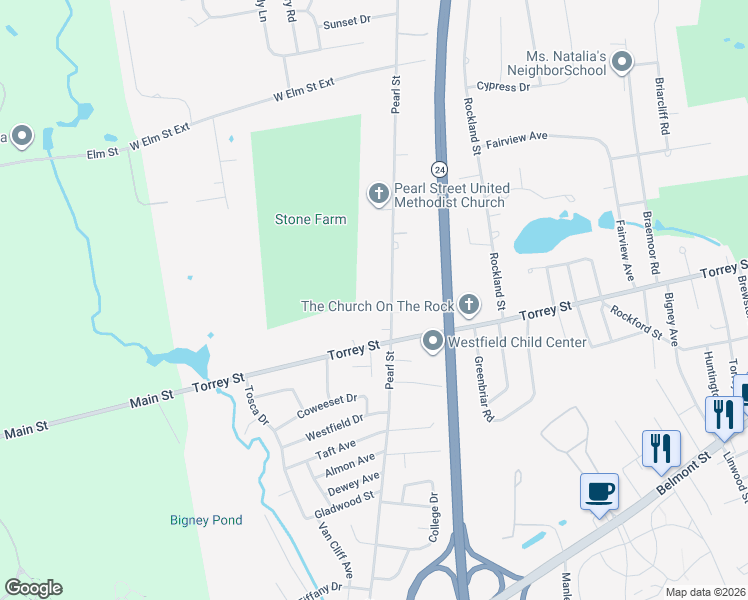 map of restaurants, bars, coffee shops, grocery stores, and more near 495 Pearl Street in Brockton