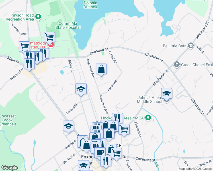 map of restaurants, bars, coffee shops, grocery stores, and more near 9 Bradford Avenue in Foxborough