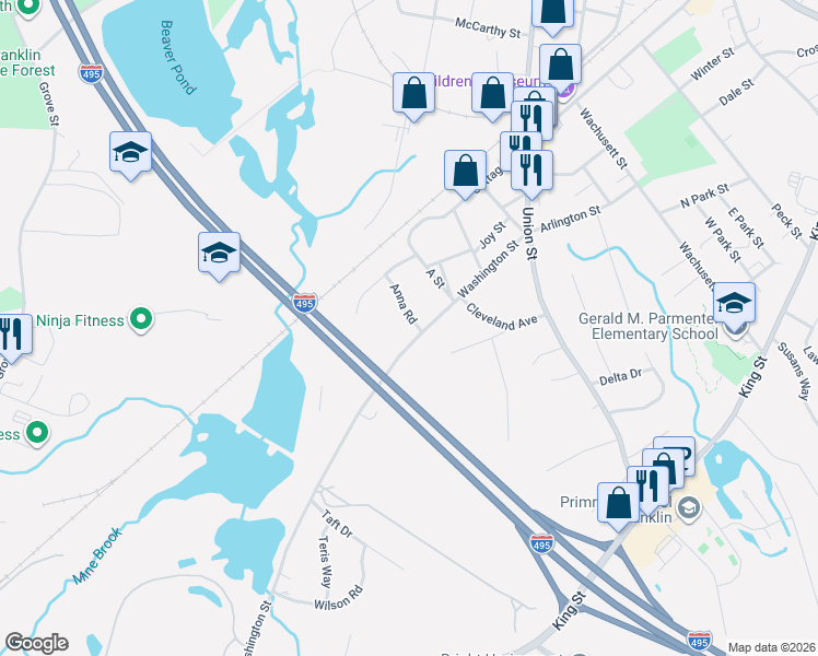 map of restaurants, bars, coffee shops, grocery stores, and more near 24 Anna Road in Franklin