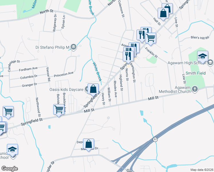 map of restaurants, bars, coffee shops, grocery stores, and more near 6 William Street in Agawam