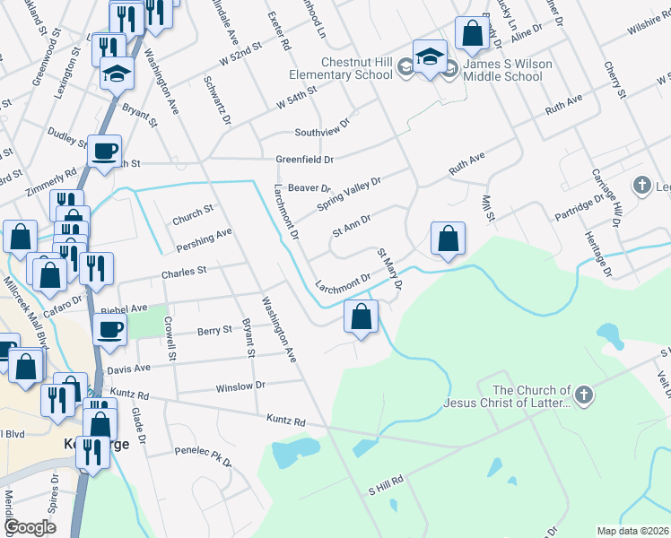 map of restaurants, bars, coffee shops, grocery stores, and more near 5713 Larchmont Dr in Erie