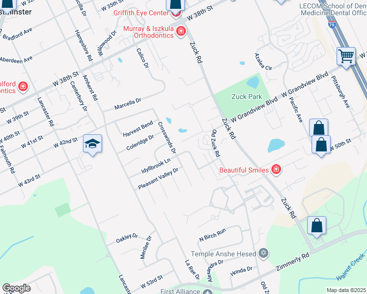 map of restaurants, bars, coffee shops, grocery stores, and more near 2832 Idyllbrook Ln in Erie