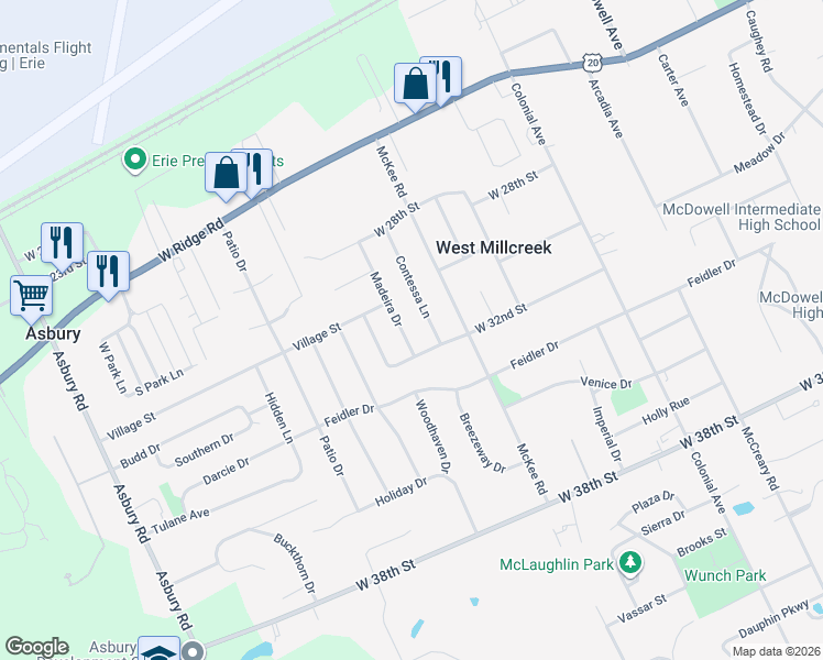 map of restaurants, bars, coffee shops, grocery stores, and more near 3124 Contessa Lane in Erie