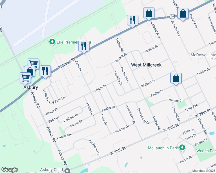 map of restaurants, bars, coffee shops, grocery stores, and more near 3005 Rustic Ln in Erie