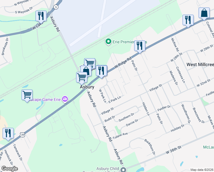 map of restaurants, bars, coffee shops, grocery stores, and more near 2700-2898 Greenhill Drive in Erie