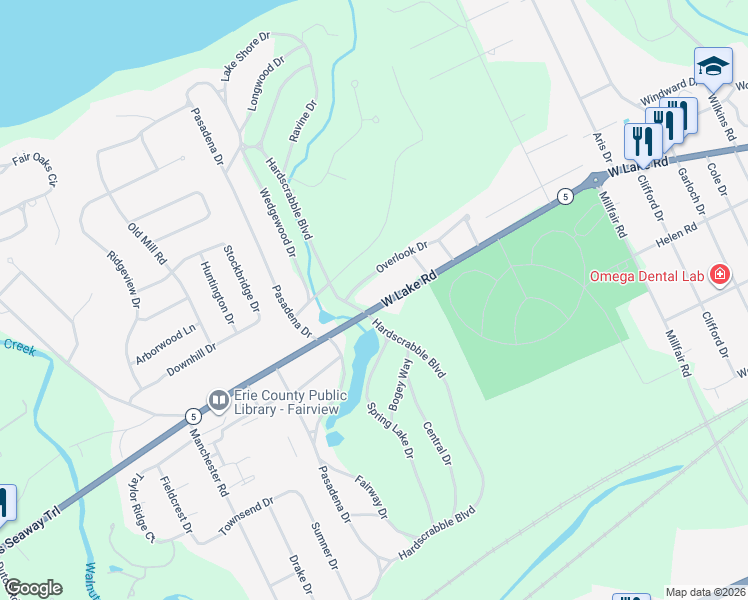 map of restaurants, bars, coffee shops, grocery stores, and more near 6023 W Lake Rd in Erie