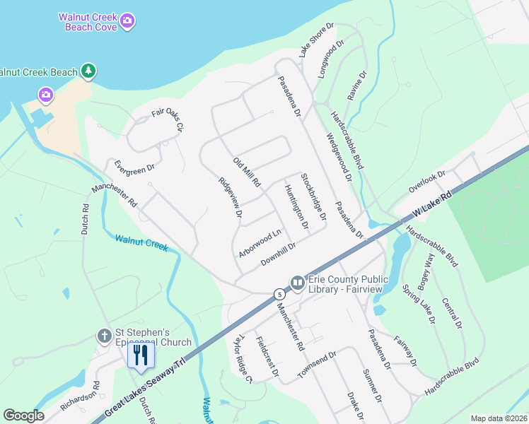 map of restaurants, bars, coffee shops, grocery stores, and more near 6405 Olde Farm Lane in Erie