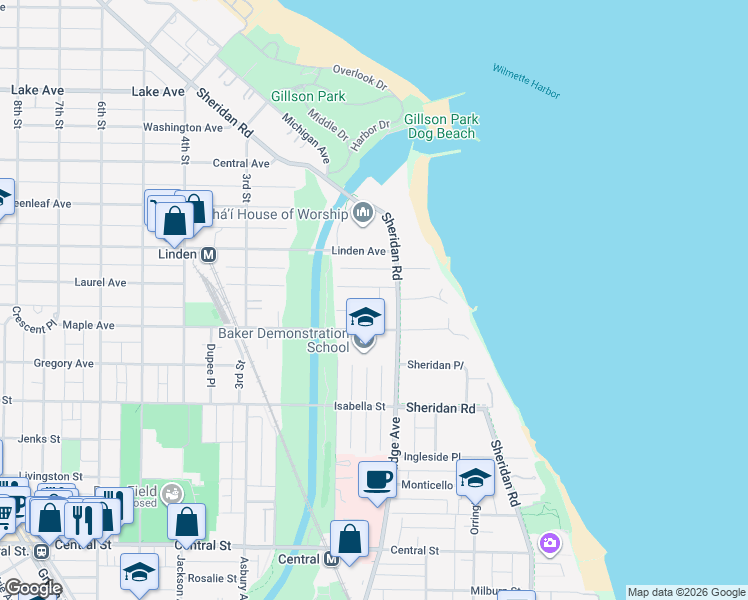 map of restaurants, bars, coffee shops, grocery stores, and more near 125 Laurel Avenue in Wilmette