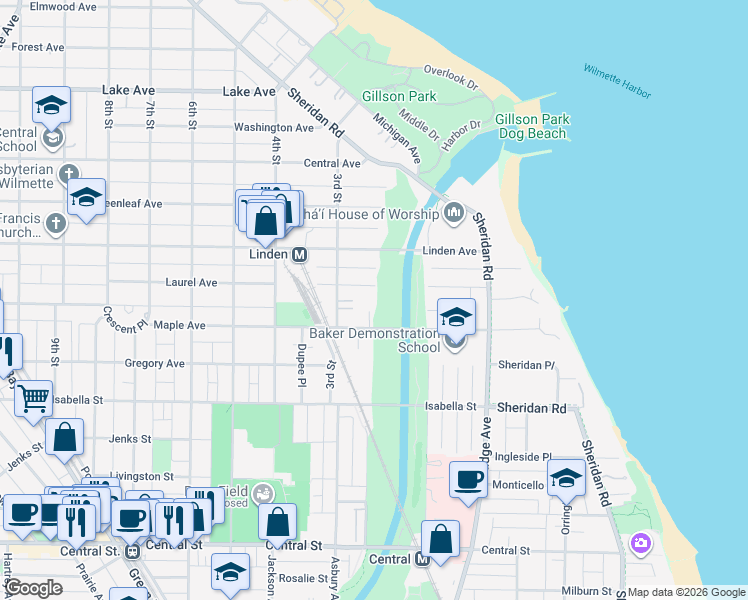 map of restaurants, bars, coffee shops, grocery stores, and more near 300 Maple Avenue in Wilmette