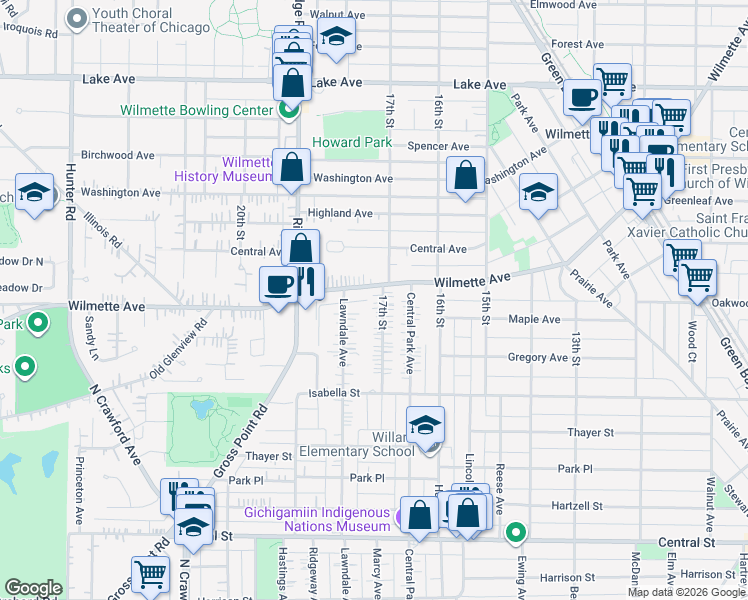 map of restaurants, bars, coffee shops, grocery stores, and more near 306 Lawndale Avenue in Wilmette