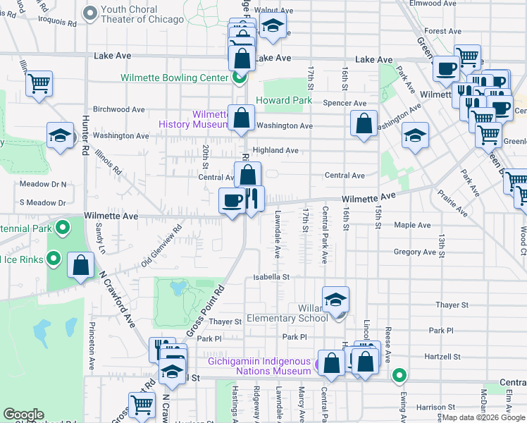 map of restaurants, bars, coffee shops, grocery stores, and more near 1819 Wilmette Avenue in Wilmette