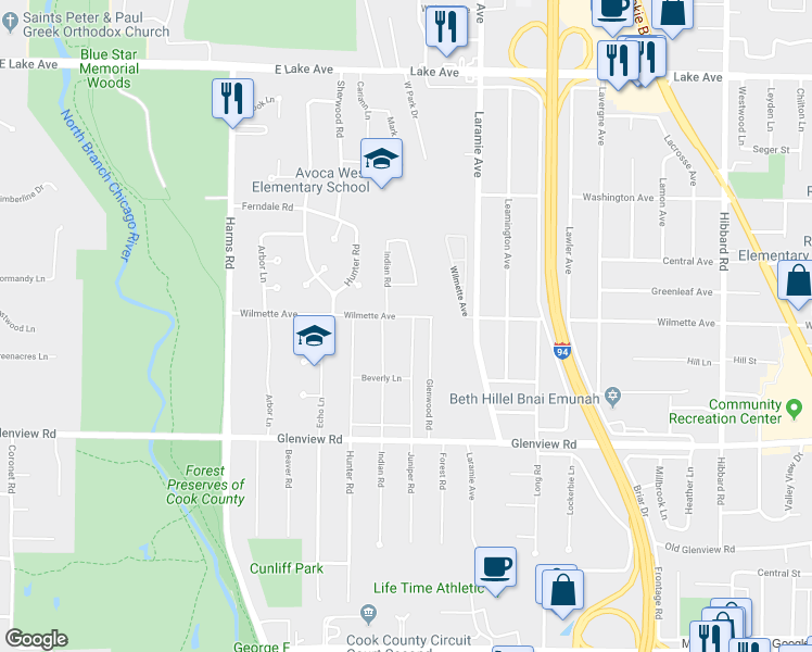 map of restaurants, bars, coffee shops, grocery stores, and more near 215 Wilmette Avenue in Glenview