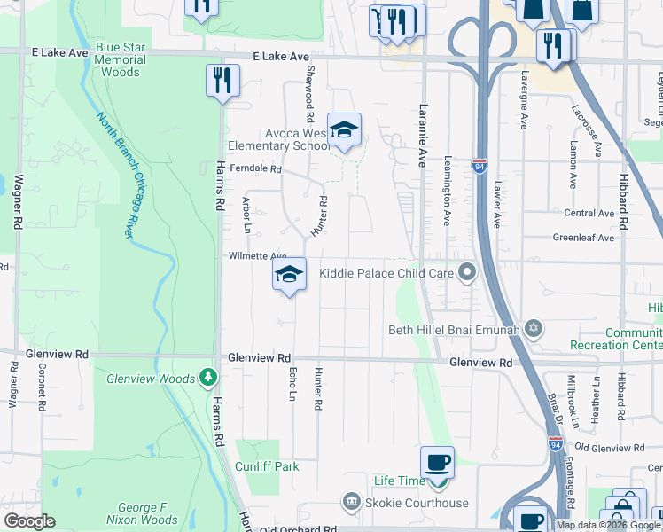 map of restaurants, bars, coffee shops, grocery stores, and more near 934 Hunter Road in Glenview