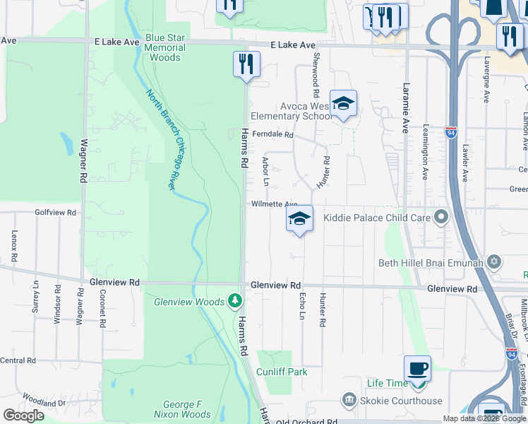 map of restaurants, bars, coffee shops, grocery stores, and more near 937 Arbor Lane in Glenview