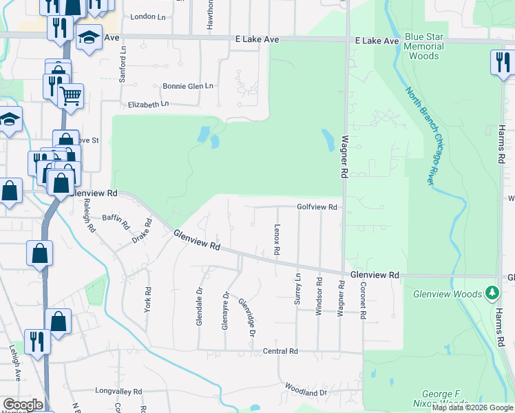 map of restaurants, bars, coffee shops, grocery stores, and more near 1041 Golfview Road in Glenview