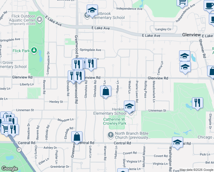 map of restaurants, bars, coffee shops, grocery stores, and more near 908 Glenwood Lane in Glenview