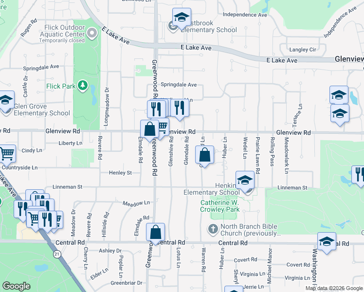 map of restaurants, bars, coffee shops, grocery stores, and more near 908 Glendale Road in Glenview