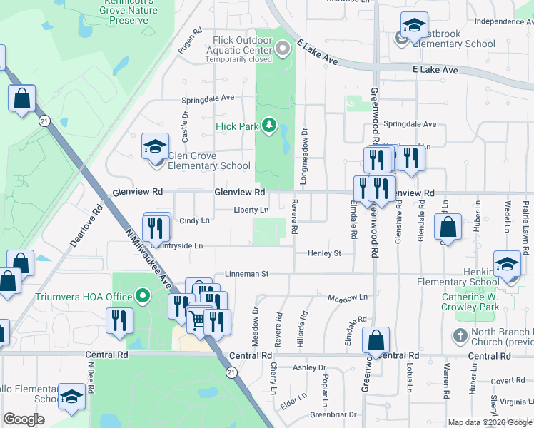 map of restaurants, bars, coffee shops, grocery stores, and more near 3609 Liberty Lane in Glenview