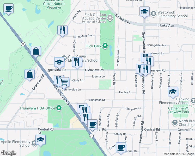 map of restaurants, bars, coffee shops, grocery stores, and more near 3625 Liberty Lane in Glenview