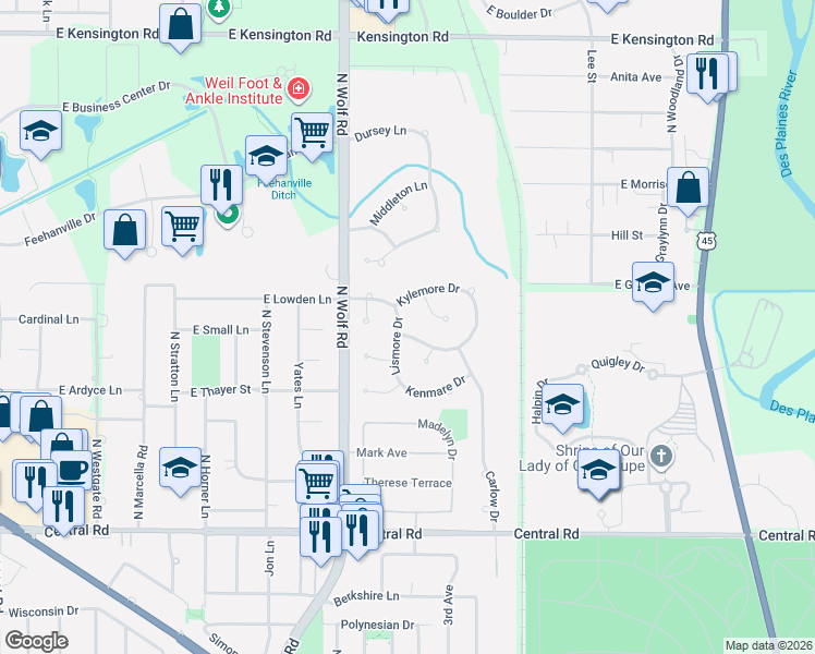 map of restaurants, bars, coffee shops, grocery stores, and more near 710 Waterford Drive in Des Plaines