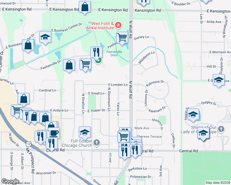map of restaurants, bars, coffee shops, grocery stores, and more near 215 North Stevenson Lane in Mount Prospect