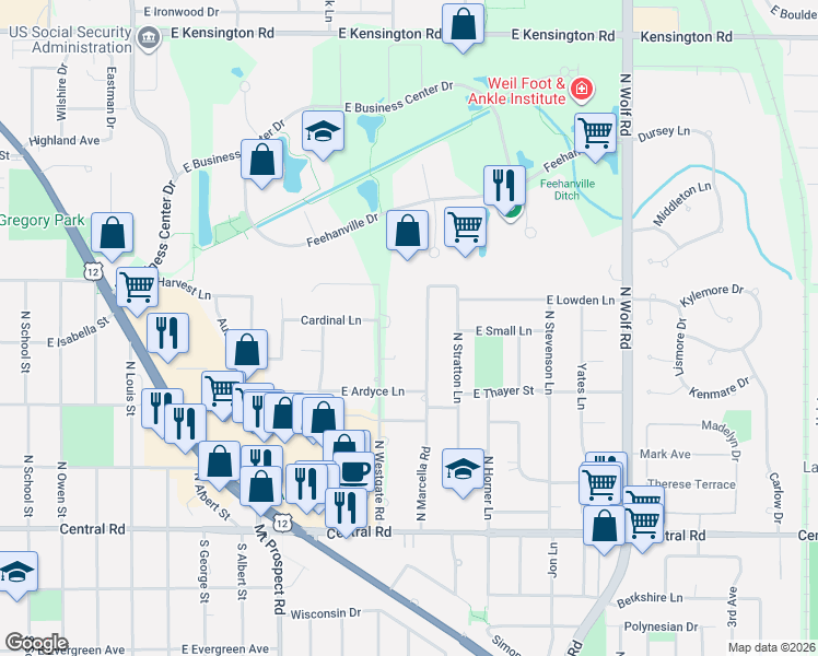 map of restaurants, bars, coffee shops, grocery stores, and more near 307 North Westgate Road in Mount Prospect