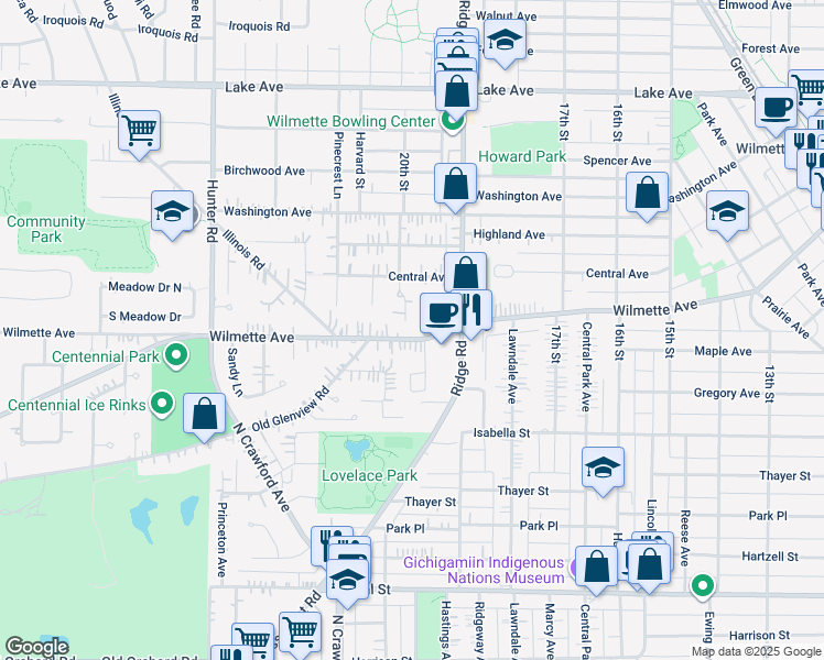 map of restaurants, bars, coffee shops, grocery stores, and more near 412 Pine Manor Drive in Wilmette