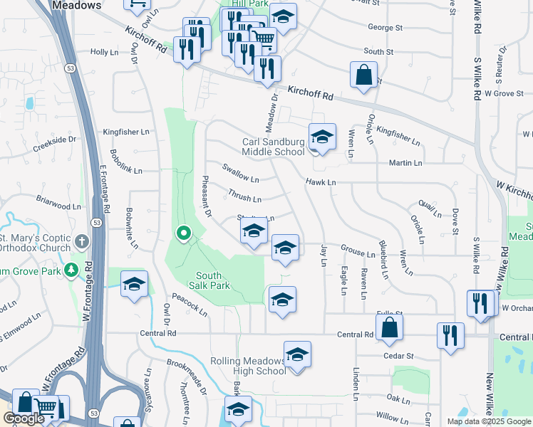 map of restaurants, bars, coffee shops, grocery stores, and more near 2900 Starling Lane in Rolling Meadows