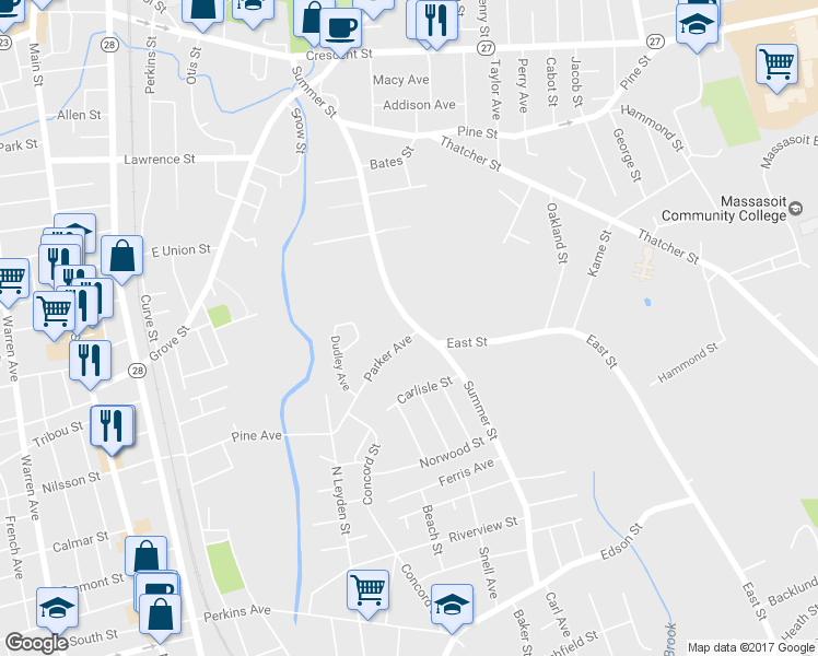 map of restaurants, bars, coffee shops, grocery stores, and more near 251 Summer Street in Brockton