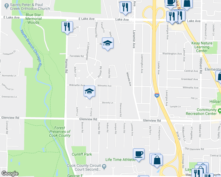 map of restaurants, bars, coffee shops, grocery stores, and more near 215 Wilmette Avenue in Glenview