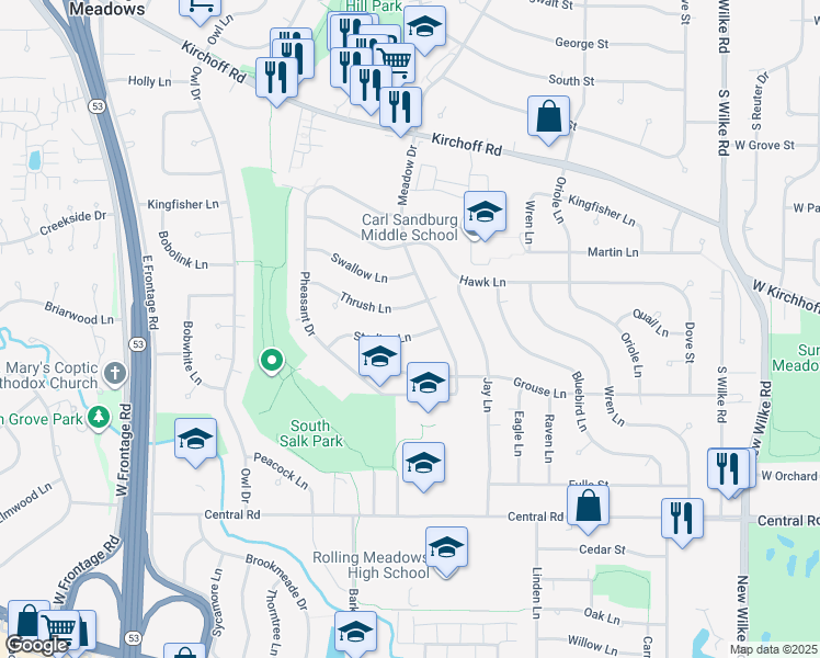 map of restaurants, bars, coffee shops, grocery stores, and more near 2900 Starling Lane in Rolling Meadows